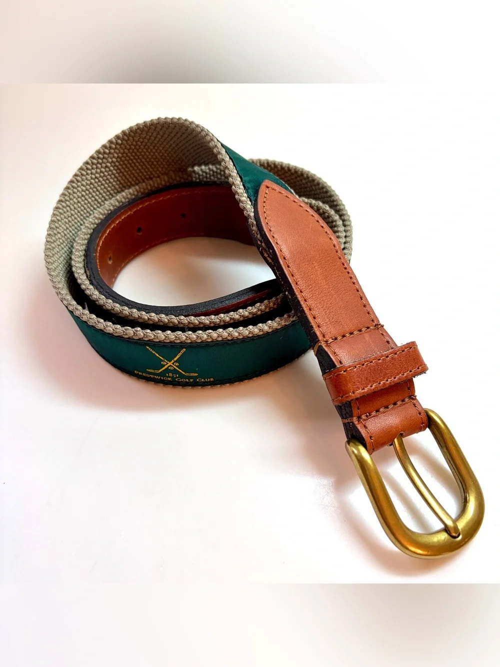 Vintage Prestwick Golf Club Logo Mens Green Belt Seejays SZ 36  Canvas Leather